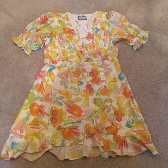 NWT RUNAWAY Zola Citrus Print Mini Dress Puff Sleeve Lemon Print Size XL - Picture 3 of 8